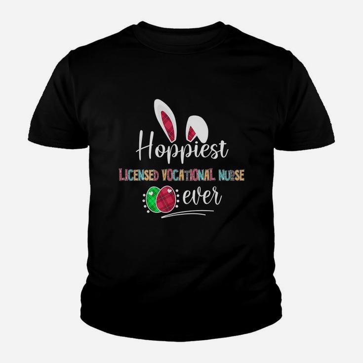 Hoppiest Licensed Vocational Nurse Ever Bunny Ears Buffalo Plaid Easter Nursing Job Title Kid T-Shirt