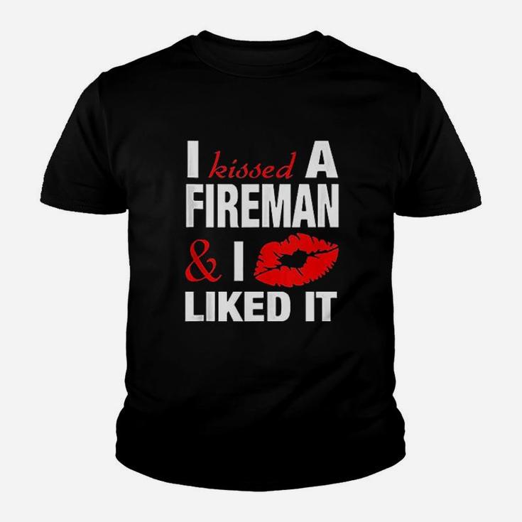 I Kissed A Fireman Funny Firefighters Girlfriend Wife Gift Kid T-Shirt