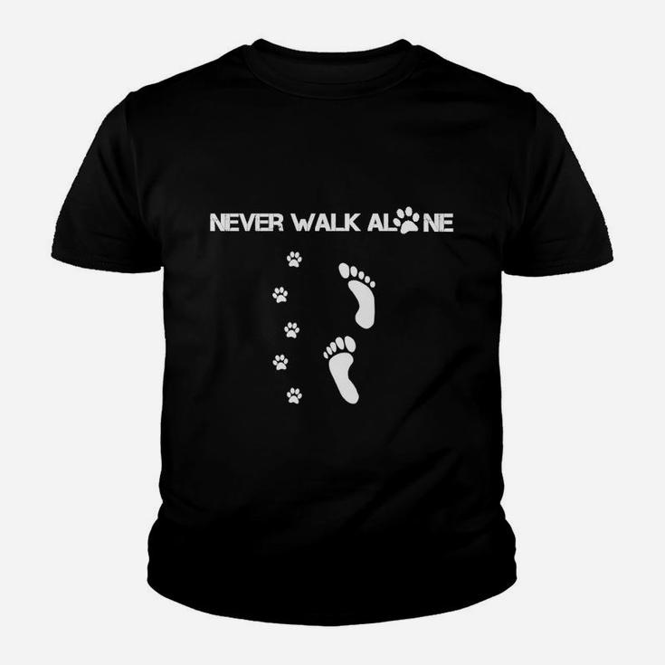 Inspirierendes Schwarzes Kinder Tshirt Never Walk Alone - Fußabdrücke & Pfoten-Design