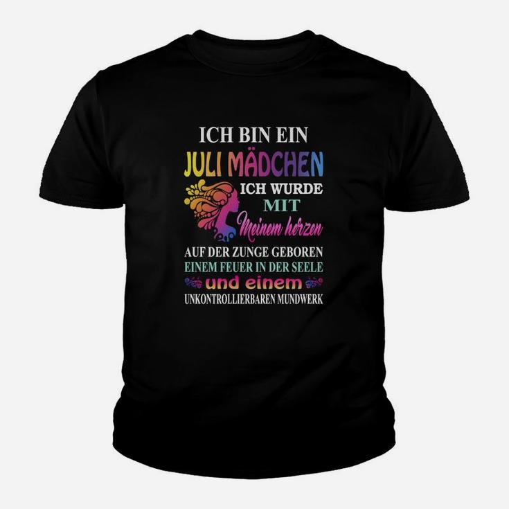 Juli-Geburtstags-Mädchen Kinder Tshirt Schwarz mit Spruch, Farbakzente