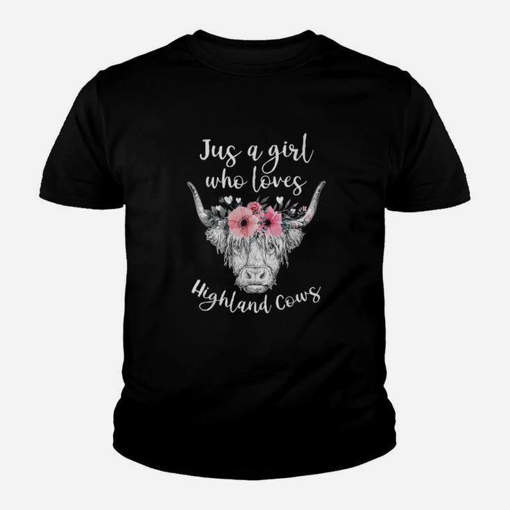 Just A Girl Who Loves Highland Cows Cute Cow With Flower Kid T-Shirt
