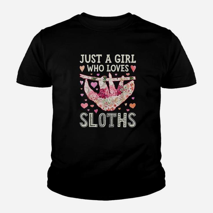 Just A Girl Who Loves Sloths Funny Sloth Silhouette Flower Kid T-Shirt