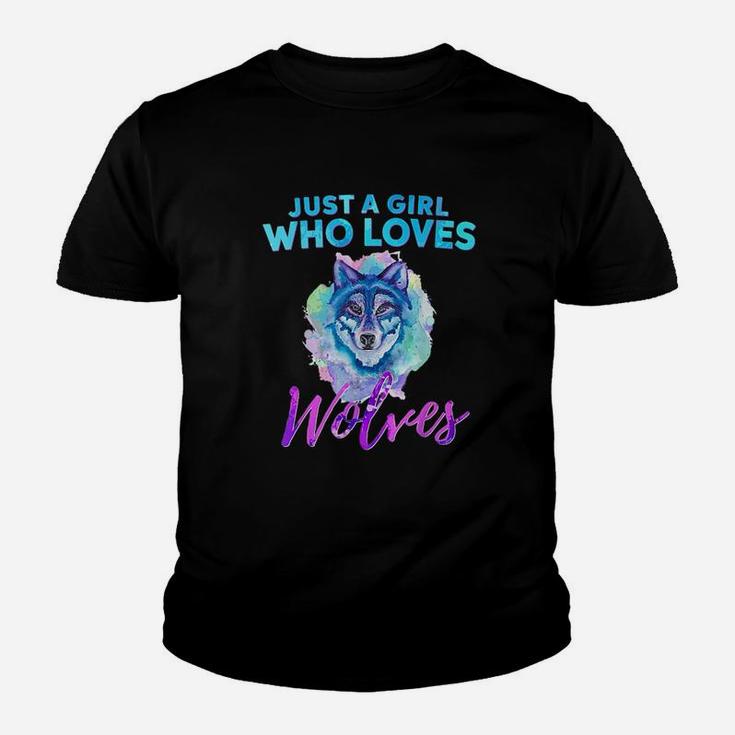 Just A Girl Who Loves Wolves Water Color Wolf Kid T-Shirt