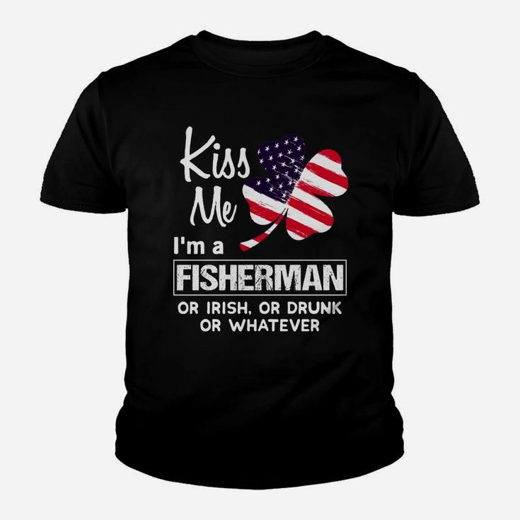 Kiss Me I Am A Fisherman Irish Shamrock St Patricks Day 2021 Funny Saying Job Title Kid T-Shirt