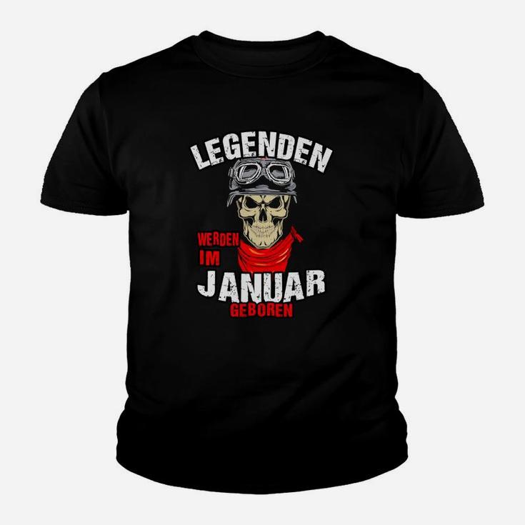 Legenden im Januar geboren Schwarzes Kinder Tshirt, Totenkopf & Motorradbrillen Design