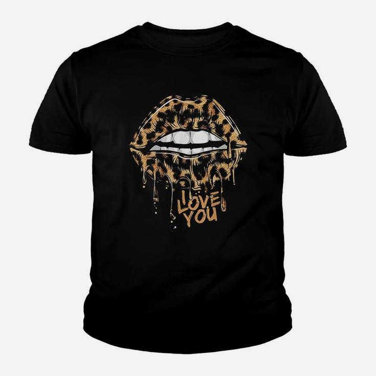 Leopard Print Lips Kiss Me I Love You Valentin Lipstick Kid T-Shirt