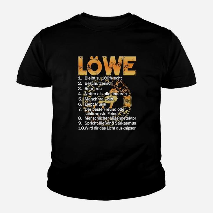 Löwe Sternzeichen Kinder Tshirt, Schwarz mit Goldtext, Eigenschaften Design