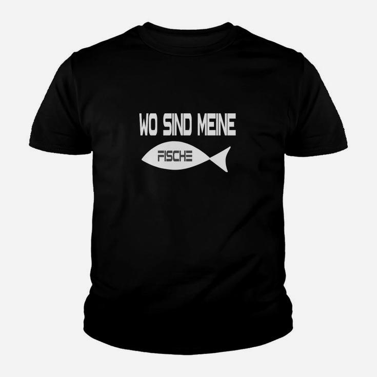 Lustiges Angler Kinder Tshirt Wo sind meine Fische? in Schwarz, Anglerbekleidung