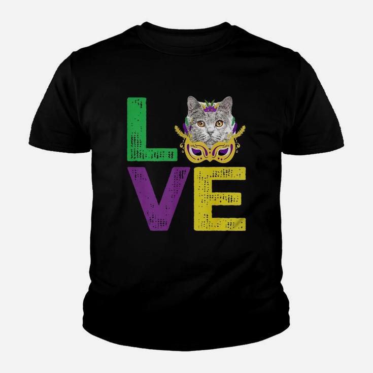 Mardi Gras Fat Tuesday Costume Love British Shorthair Funny Gift For Cat Lovers Kid T-Shirt