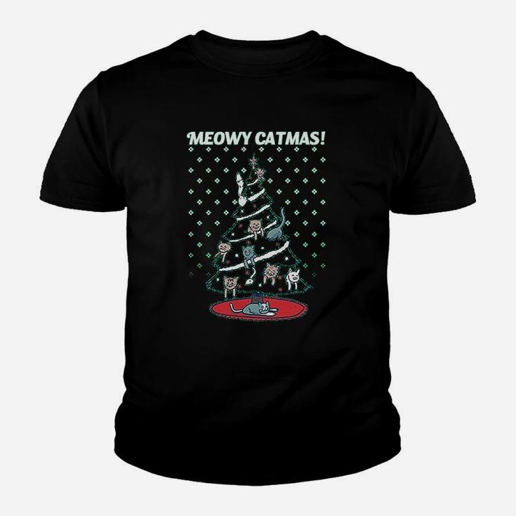Meowy Christmas Cat Tree Ugly Merry Crazy Funny Gift Kid T-Shirt