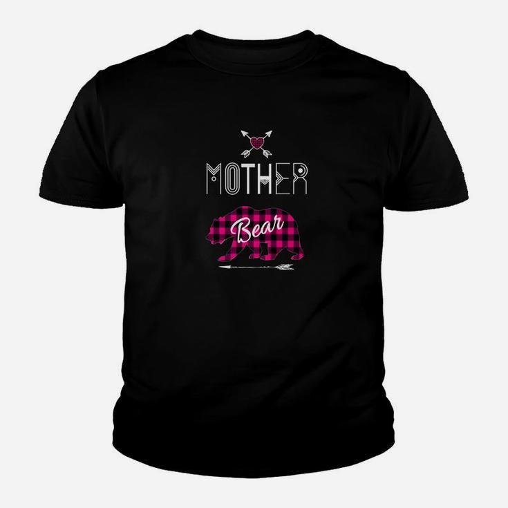 Mother Bear Pink Buffalo Plaid Christmas Camping Kid T-Shirt
