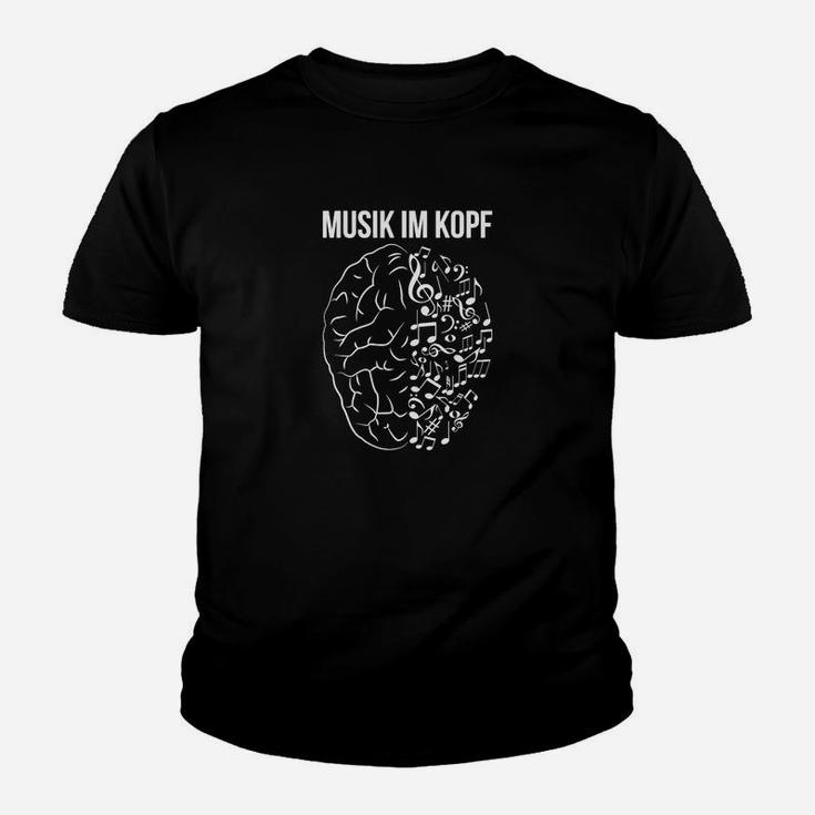 Musik im Kopf Kinder Tshirt: Schwarz mit Gehirn und Noten Motiv