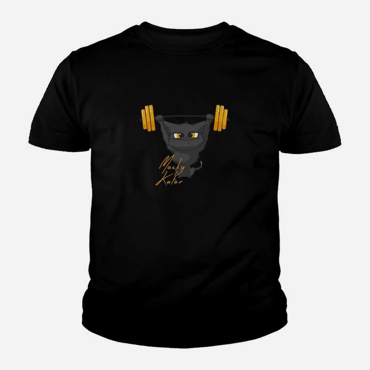 Muskulöses Katzen-Design Kinder Tshirt für Herren in Schwarz, Lustiges Tiermotiv