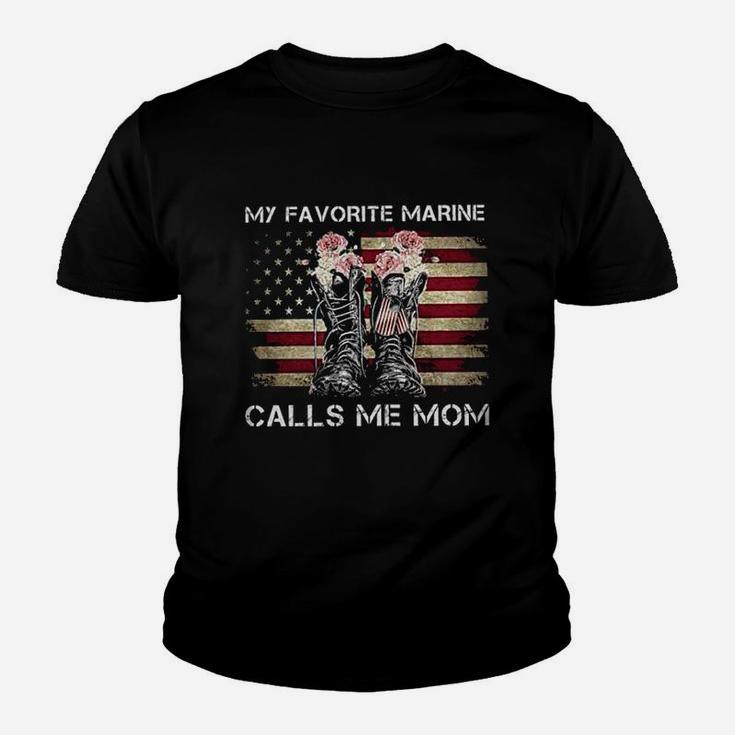 My Favorite Marine Calls Me Mom Veteran American Flag Mothers Day Kid T-Shirt