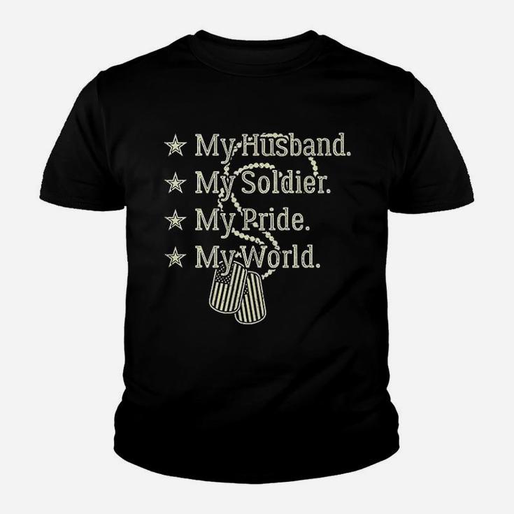 My Husband Is A Soldier Hero Proud Military Wife Army Spouse Kid T-Shirt