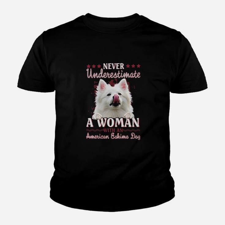Never Underestimate A Woman With An American Eskimo Dog Kid T-Shirt