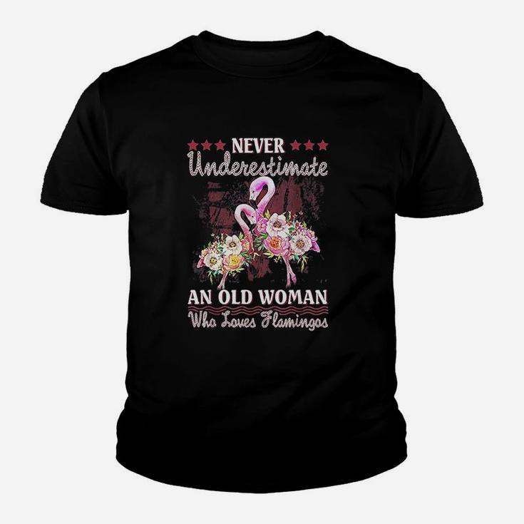 Never Underestimate An Old Woman Who Loves Flamingo Kid T-Shirt