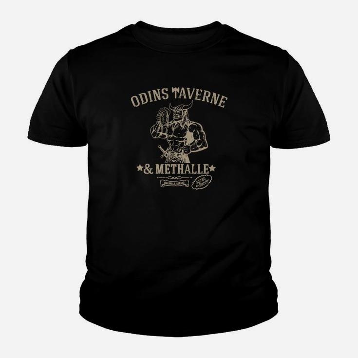 Odins Taverne Met Halle Kinder Tshirt, Schwarzes Wikinger-Motiv Tee