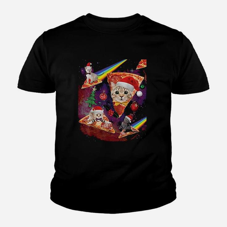 Outer Space Christmas Cats Riding On Pizza Kid T-Shirt