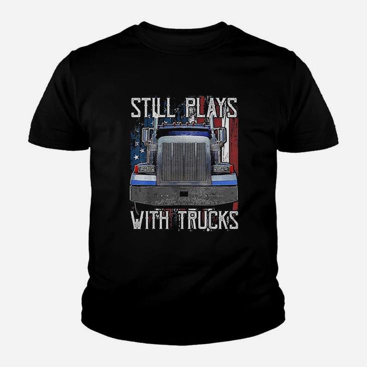 Plays With Trucks Funny Truck Driver American Flag Kid T-Shirt