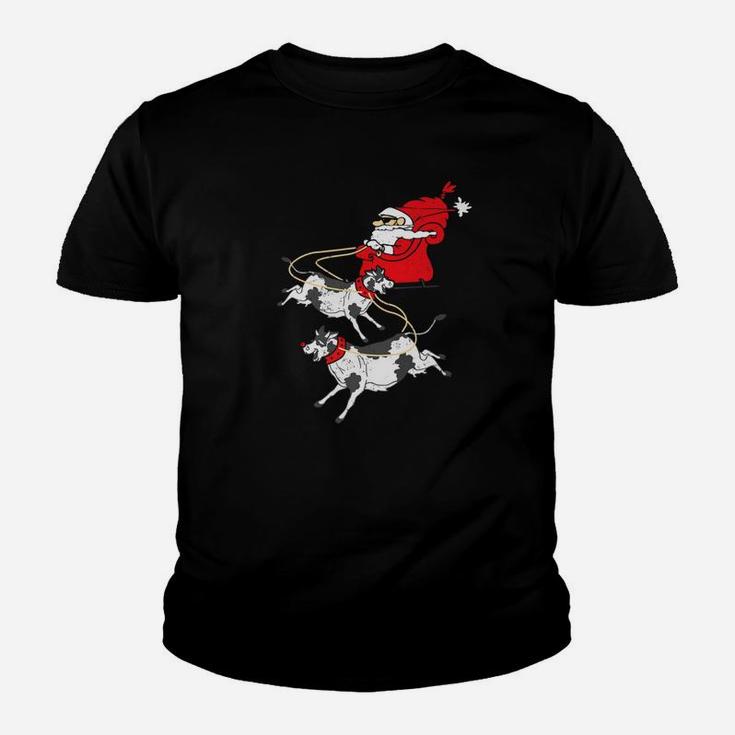 Santa Riding Cow Farmer Funny Ugly Christmas Gift Kid T-Shirt