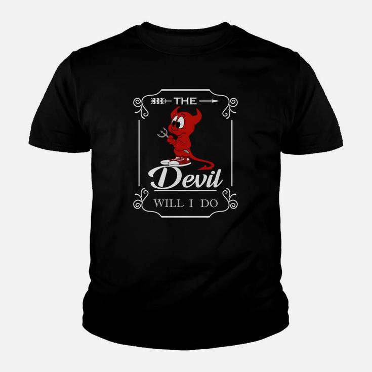 Schwarzes Cartoon-Teufel Kinder Tshirt The Devil Will I Do, Lustiges Spruch-Kinder Tshirt