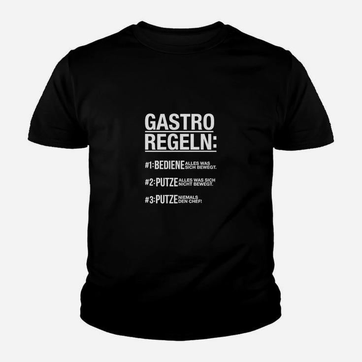 Schwarzes Herren-Kinder Tshirt mit Gastro-Regeln Aufdruck, Kellner & Barkeeper Motiv