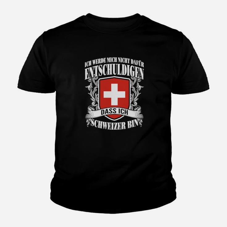 Schwarzes Kinder Tshirt mit Schweizer Kreuz, Stolz Schweizer zu sein Spruch