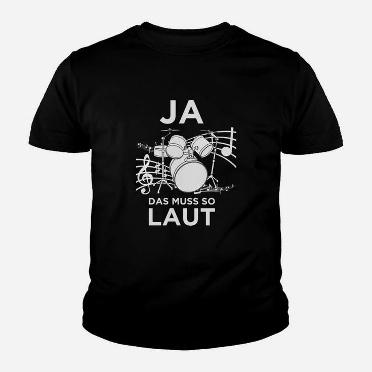 Schwarzes Unisex Kinder Tshirt mit Schlagzeug Motiv, Spruch für Musiker