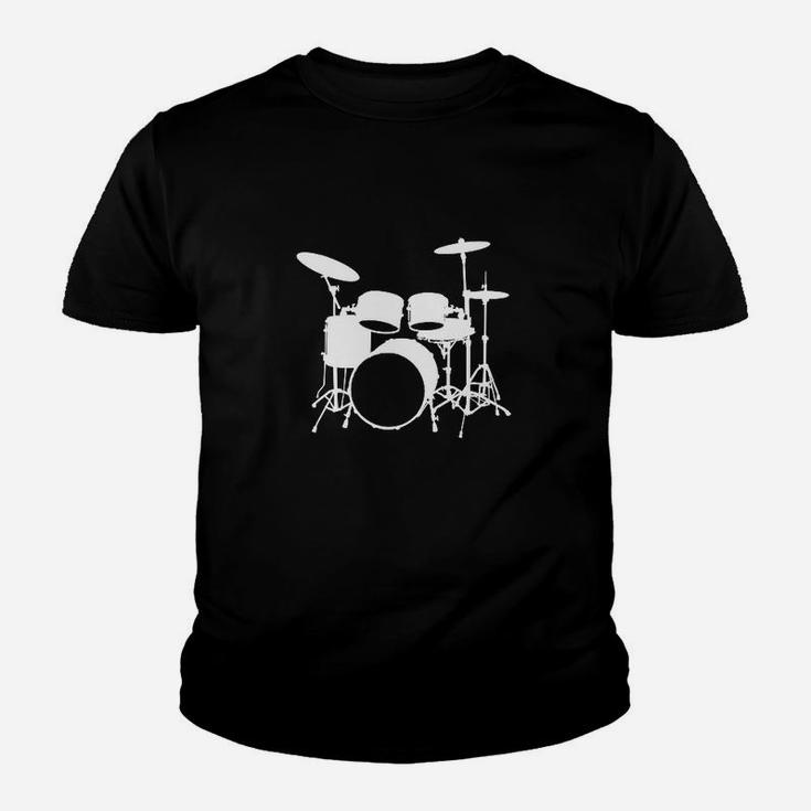 Schwarzes Unisex Kinder Tshirt mit weißem Schlagzeug-Design für Musikfans