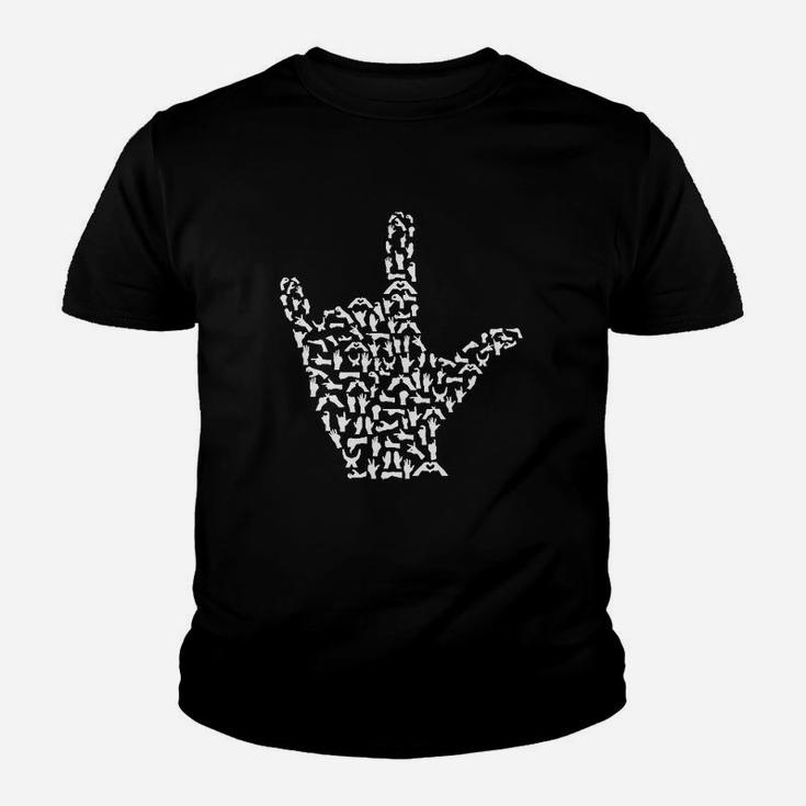 Schwarzes Unisex Kinder Tshirt Rockmusik, Handzeichen-Grafik in Weiß