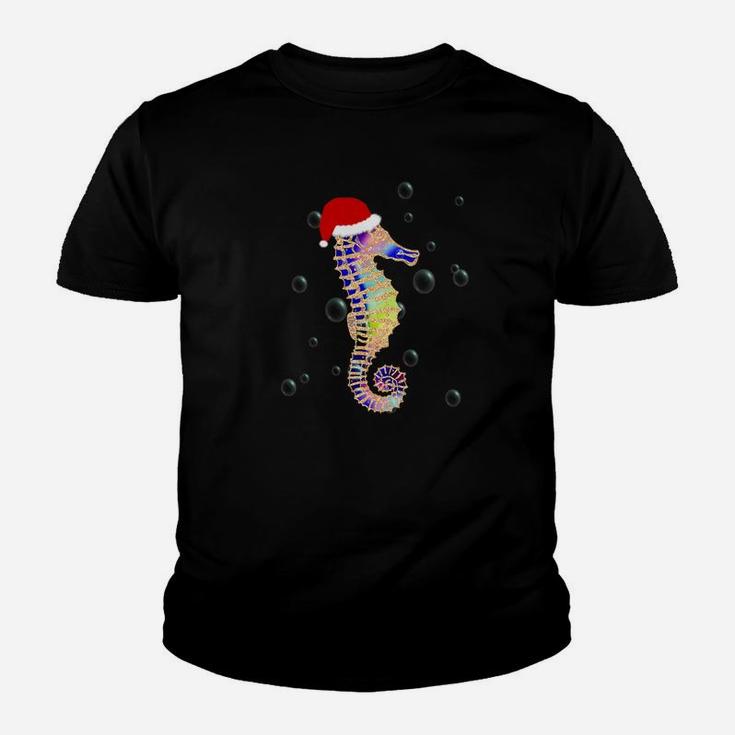 Seahorse Christmas With Santa Hat Beach Christmas Kid T-Shirt