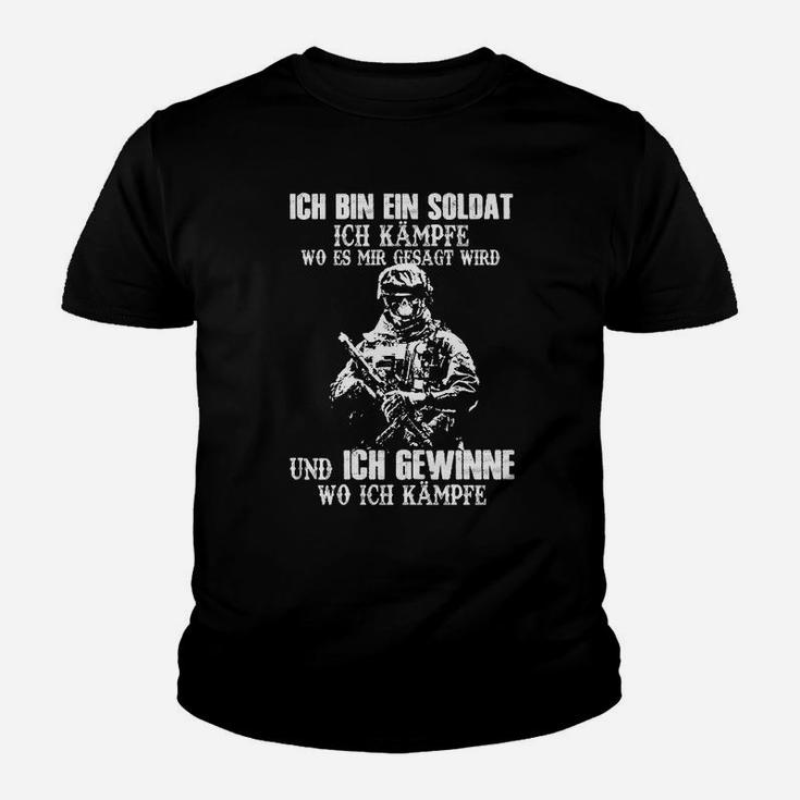 Soldaten-Motivations-Kinder Tshirt: Ich kämpfe und gewinne - Schwarzes Design