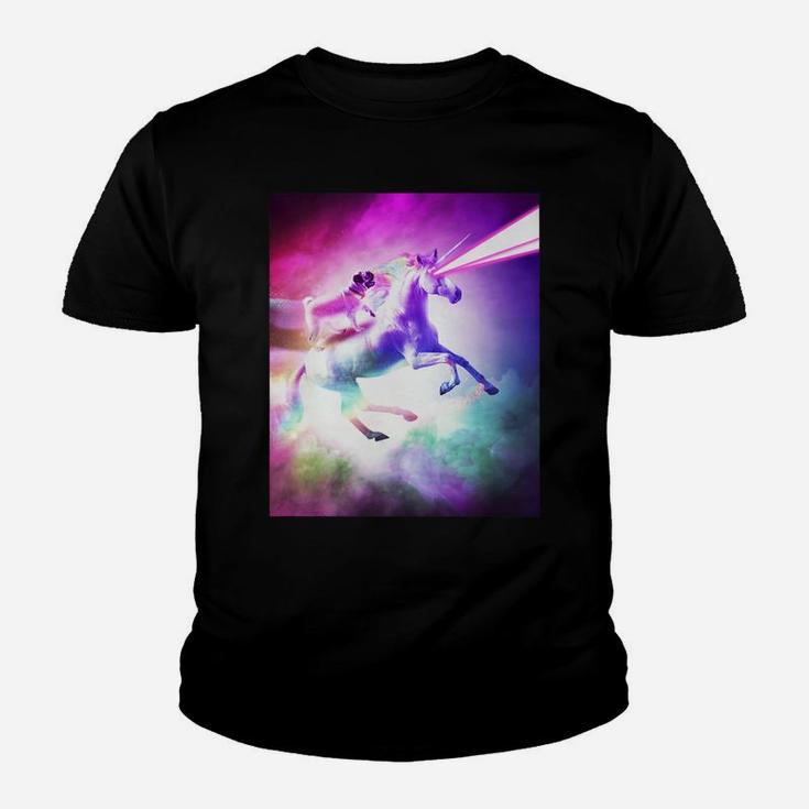 Space Pug On Flying Rainbow Unicorn With Laser Eyes Kid T-Shirt