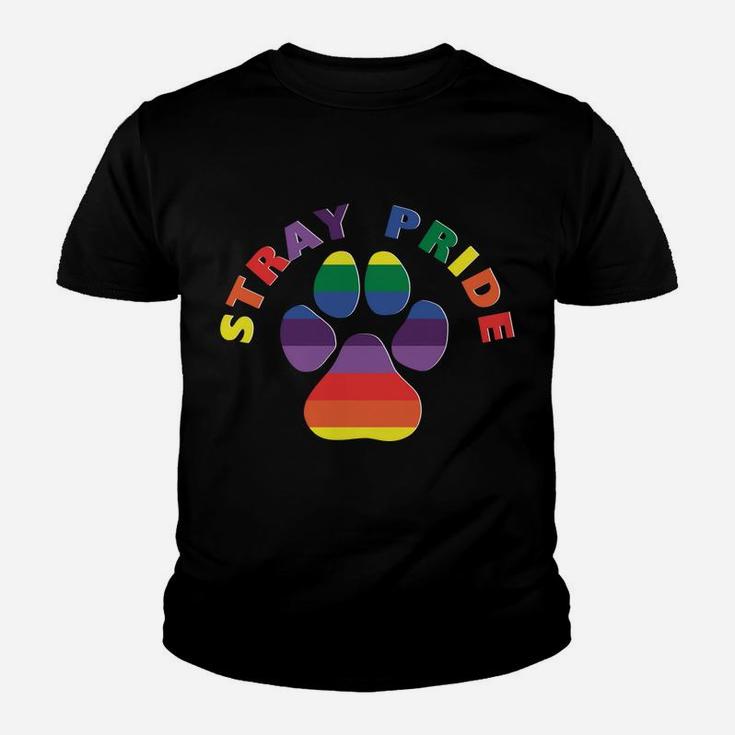 Stray Pride Rainbow Paw Print Dog Adoption Kid T-Shirt