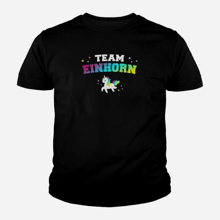 Team Einhorn Schwarz Kinder Tshirt, Buntes Einhorn-Motiv