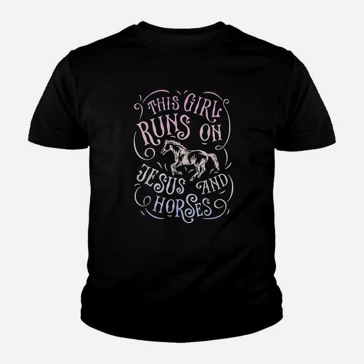This Girl Runs On And Horses Horse Riding Equestrian Kid T-Shirt
