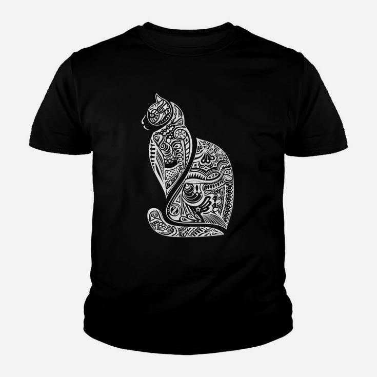 Tribal Katzen Design Schwarzes Herren Kinder Tshirt in Weiß