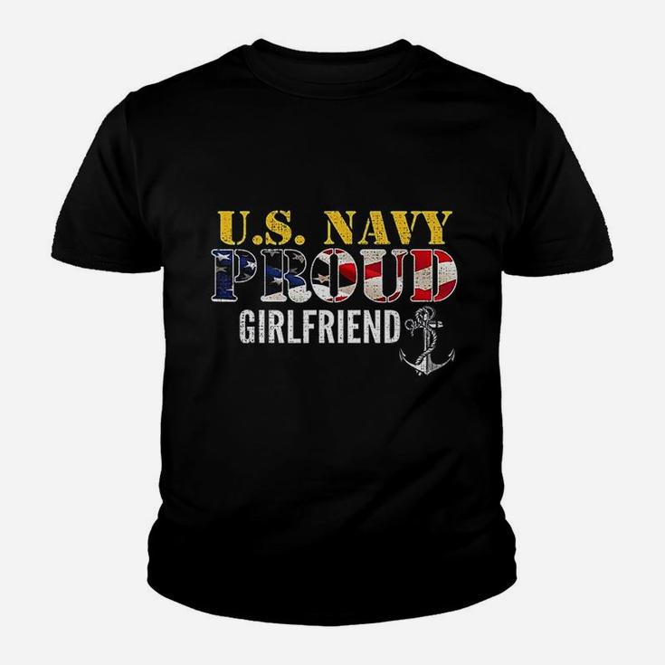 Us Proud Navy Girlfriend With American Flag Military Veteran Kid T-Shirt