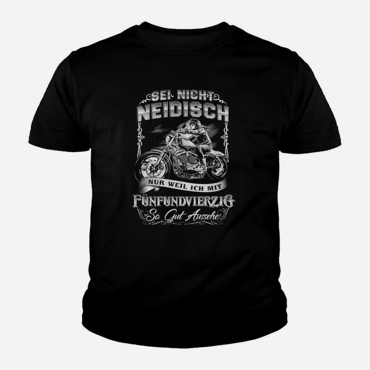 Vintage Schwarzes Biker-Kinder Tshirt, Nicht Neidisch – Fünfundvierzig Aufdruck