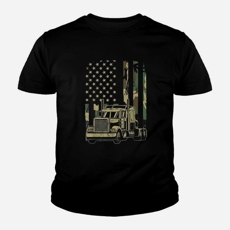 Vintage Trucker Camouflage American Flag Truck Driver Kid T-Shirt