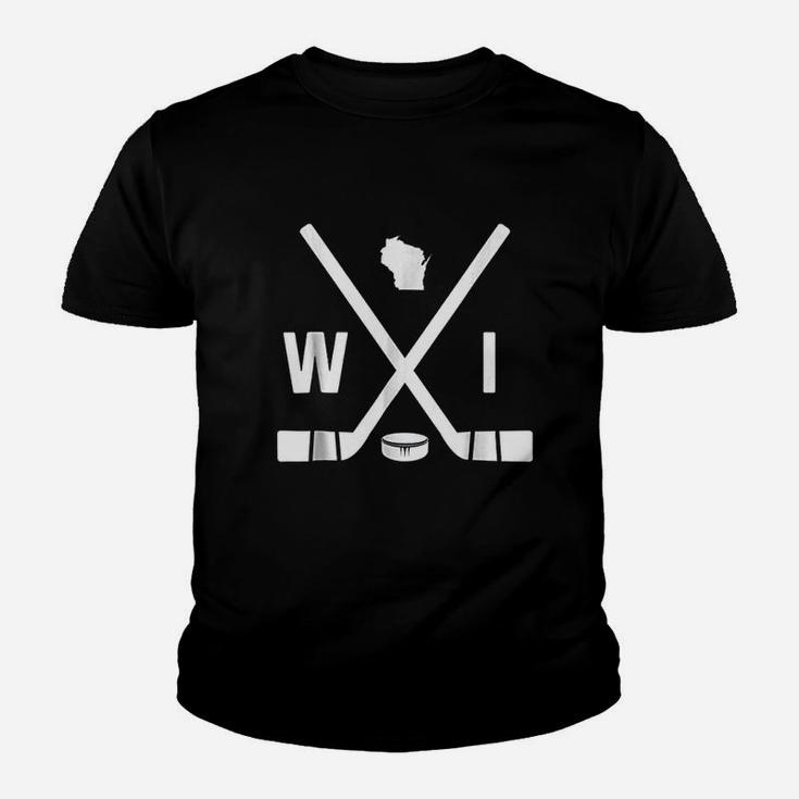Vintage Wisconsin Hockey Sticks And Puck State Outline Kid T-Shirt