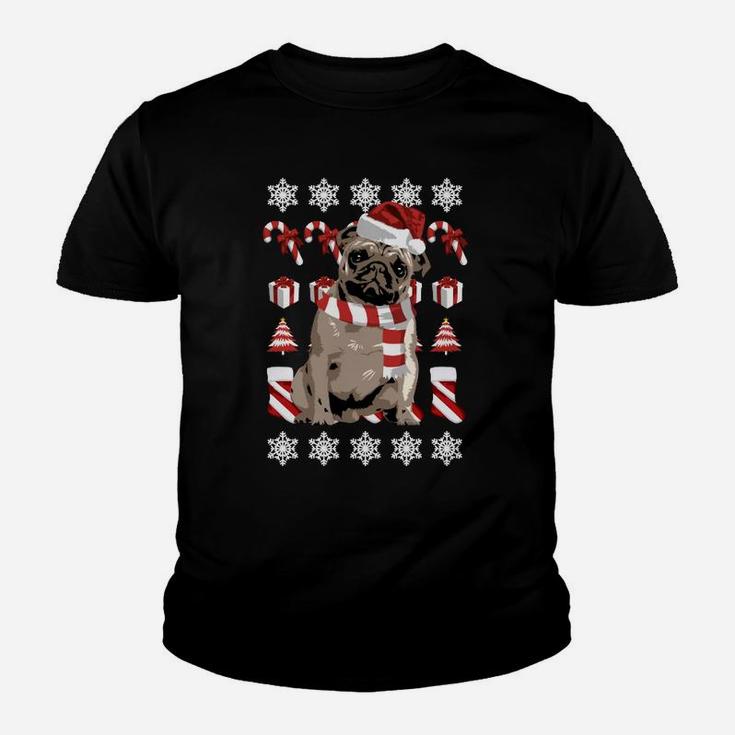 Weihnachtliches Mops-Kinder Tshirt mit Schneeflocken & Zuckerstangen-Motiv