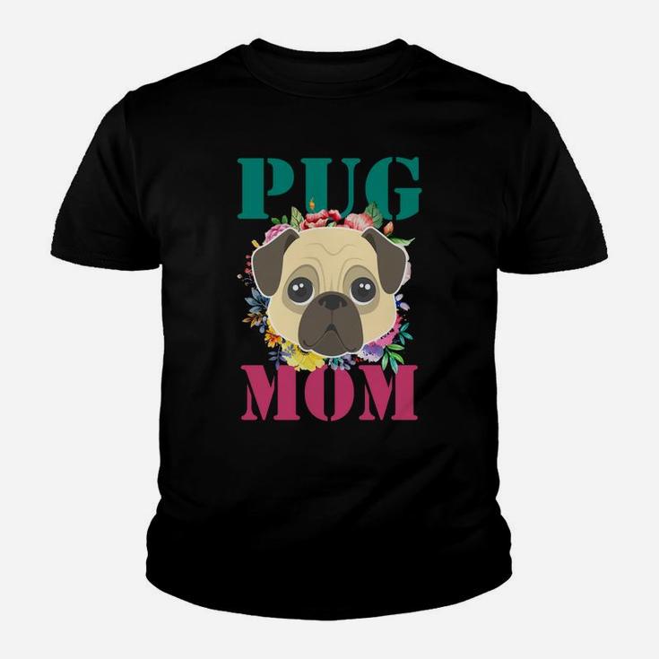Womens Floral Pug Mom Puppy Pet Lover Kid T-Shirt