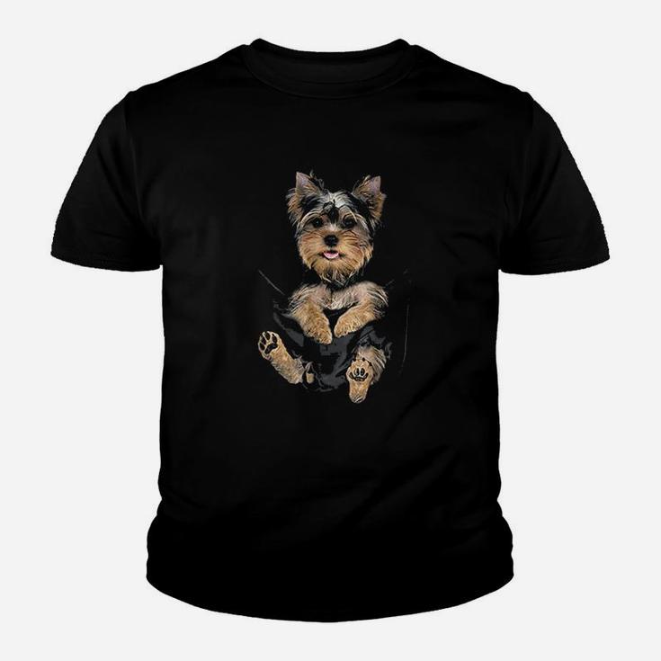Yorkie Puppy In Pockets Kid T-Shirt