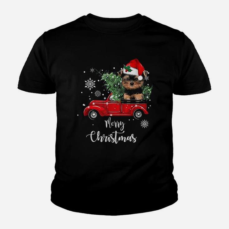 Yorkies Ride Red Truck Christmas Kid T-Shirt