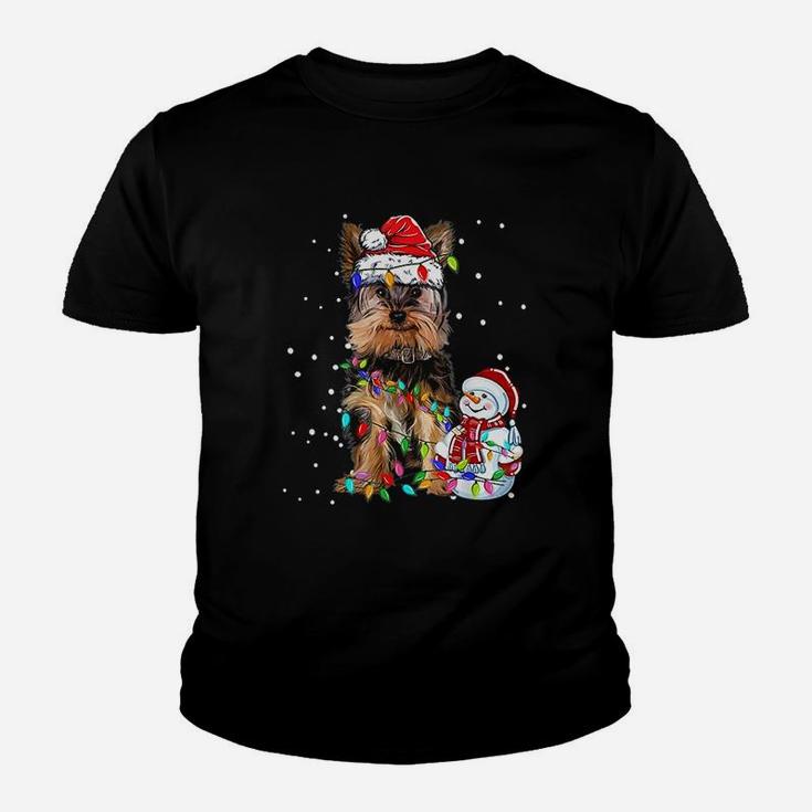 Yorkshire Terrier Christmas Santa Hat Xmas Lights Yorkie Dog Kid T-Shirt