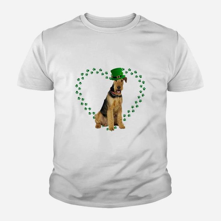 Airedale Terrier Heart Paw Leprechaun Hat Irish St Patricks Day Gift For Dog Lovers Kid T-Shirt