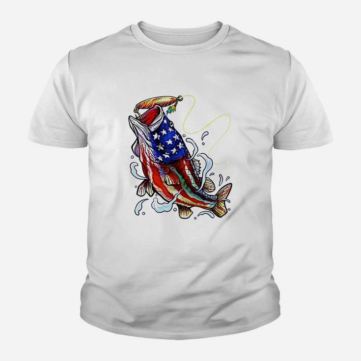 Bass Fishing 4th Of July Dad Father s Day American Flag Kid T-Shirt