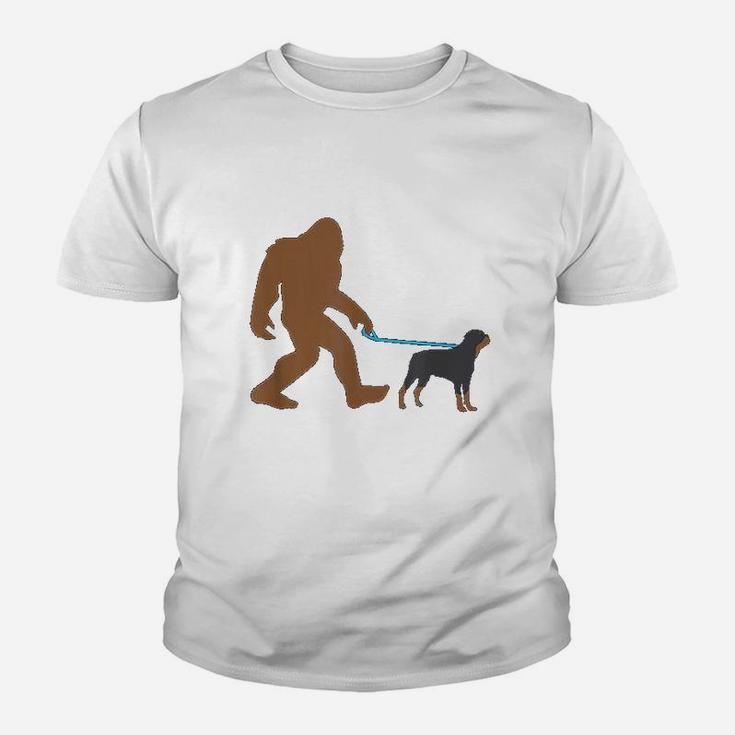 Bigfoot Walking Rottweiler Dog Funny Sasquatch Gift Kid T-Shirt